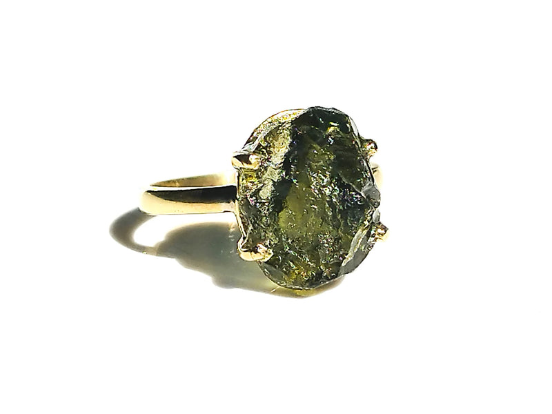 Moldavite claw ring, certified Czech Republic, silver, 18-carat gold plated High vibration jewelry