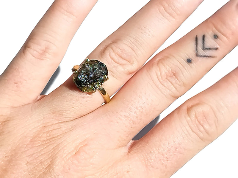 Moldavite claw ring, certified Czech Republic, silver, 18-carat gold plated High vibration jewelry